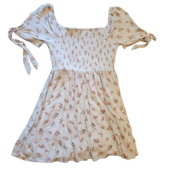 American Eagle Tie Sleeve Smocked Mini Dress Women's Small Cream Ditsy Floral - Picture 2 of 4